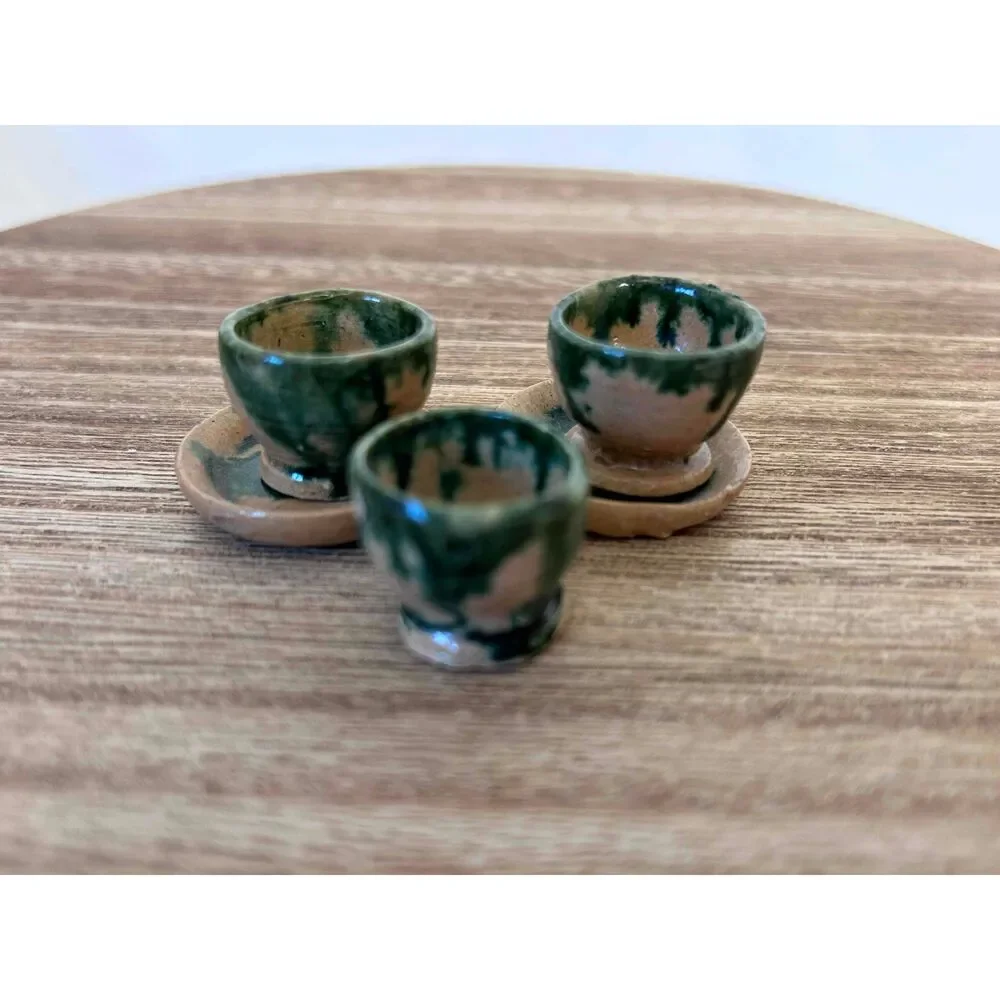 Majolica Pottery Miniature‎ Dollhouse Tea Set 9 Pieces Green Beige Rustic